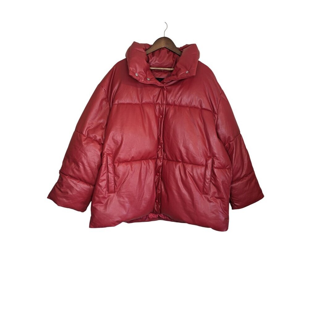 Avec Les Filles Womens Faux Leather Puffer Coat Size 2X Red Pockets Snap Vegan